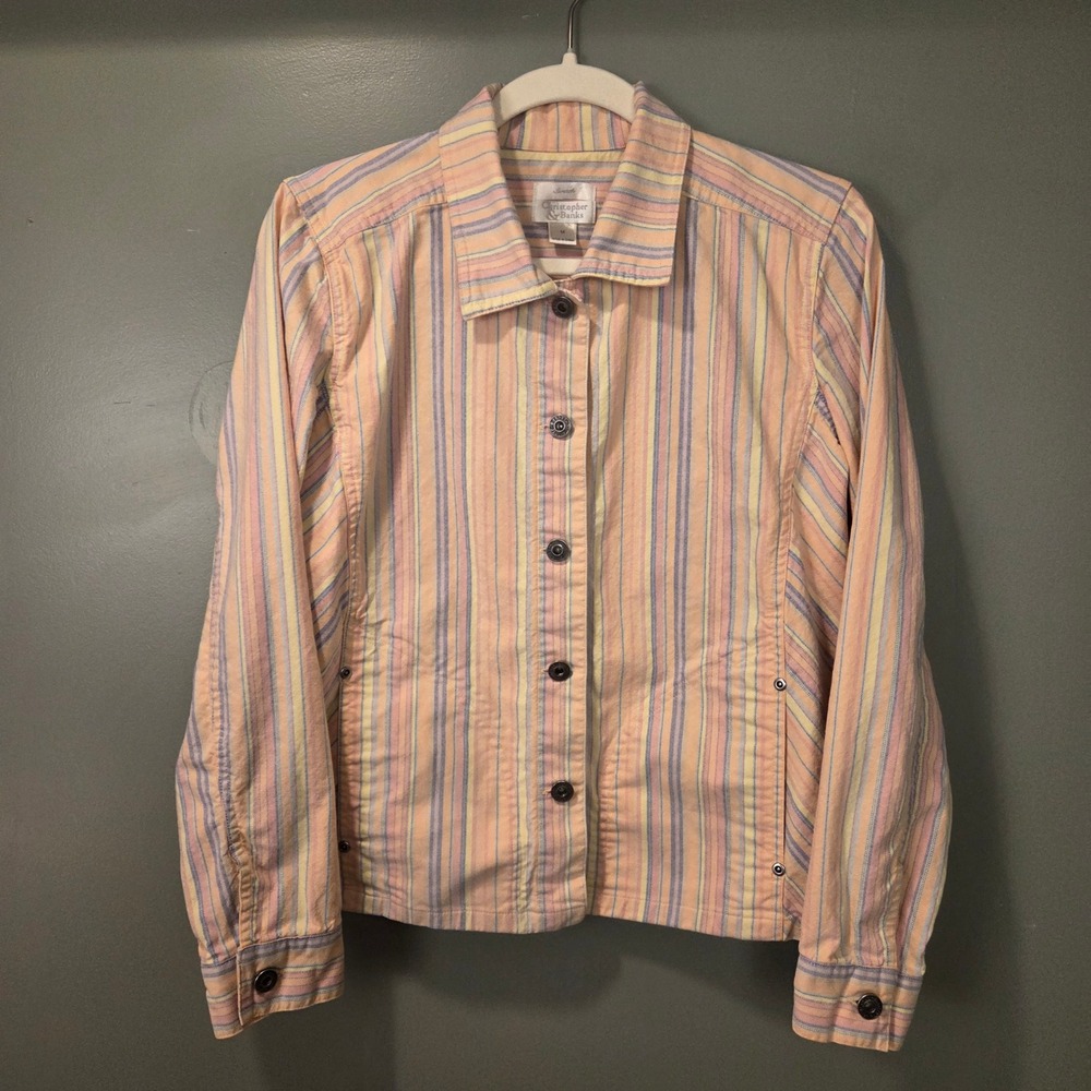 Christopher & Banks Women's Pastel Rainbow Striped Denim Shirt Jacket Size M